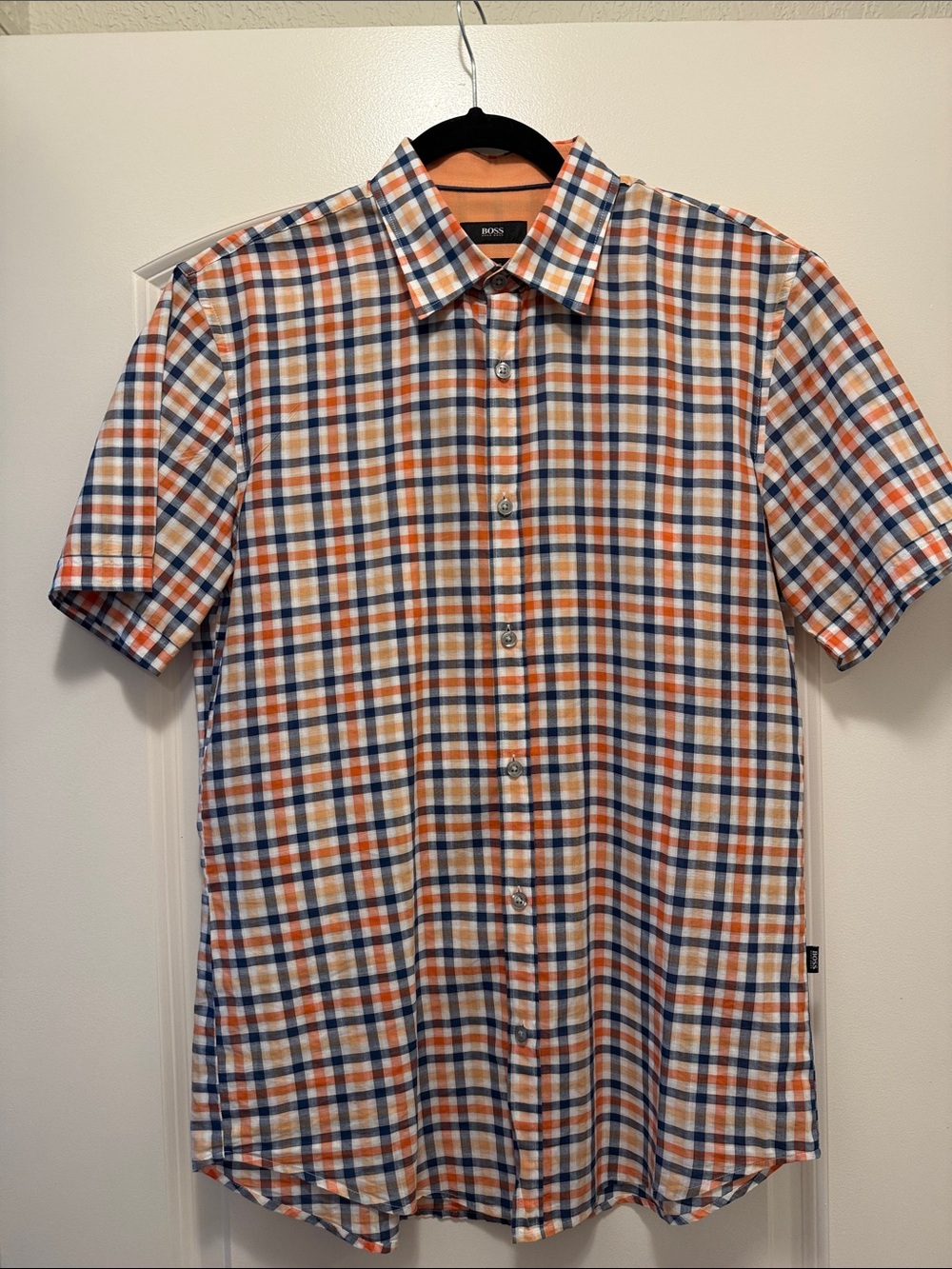 Boss Short-Sleeve Orange and Blue Plaid Button-Down Shirt, Slim Fit